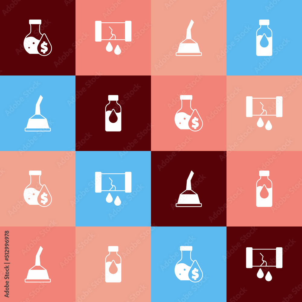 Set pop art Oil petrol test tube, Broken oil pipe with valve, Canister for motor machine and icon. Vector Set pop art Oil petrol test tube, Broken oil pipe with valve, Canister for motor machine and icon. Vector