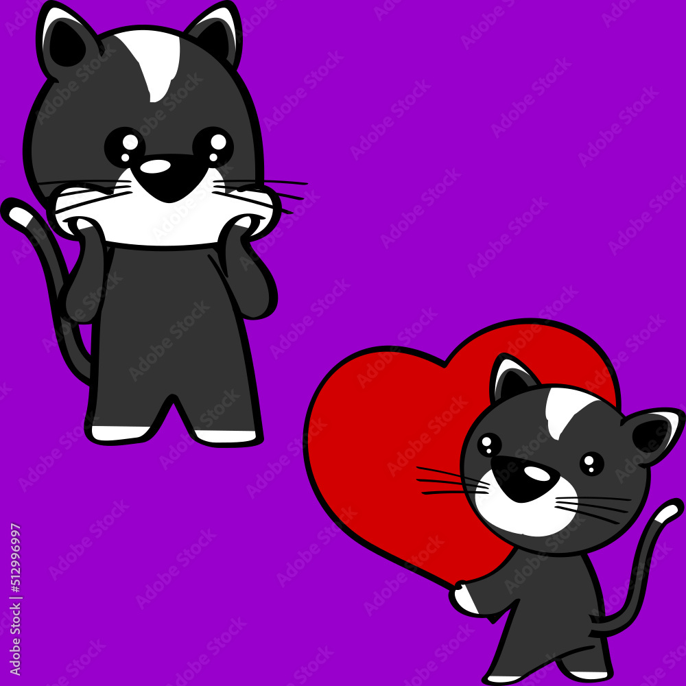cute chibi cat cartoon surprised expression and holding red heart pack in vector format cute chibi cat cartoon surprised expression and holding red heart pack in vector format