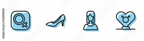 Set line Female, gender, Woman shoe and Gender icon. Vector
