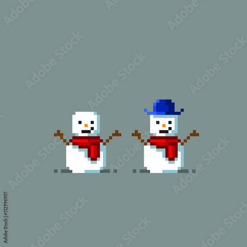 snowman with different outfit in pixel art style