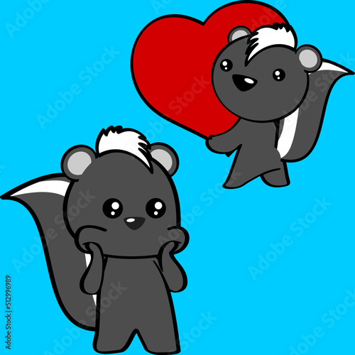 cute chibi skunk cartoon surprised expression and holding red heart pack in vector format