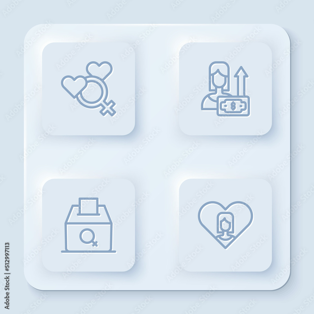 Set line Female gender, Money growth woman, vote right and Heart with female. White square button. Vector Set line Female gender, Money growth woman, vote right and Heart with female. White square button. Vector