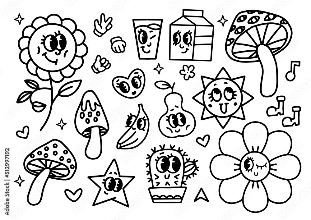 Black and white linear coloring page. Funny retro cartoon characters.  Vector illustration of flower, mushroom, heart, sun and cactus. Set of comic  elements in trendy old cartoon style. Stock Vector | Adobe