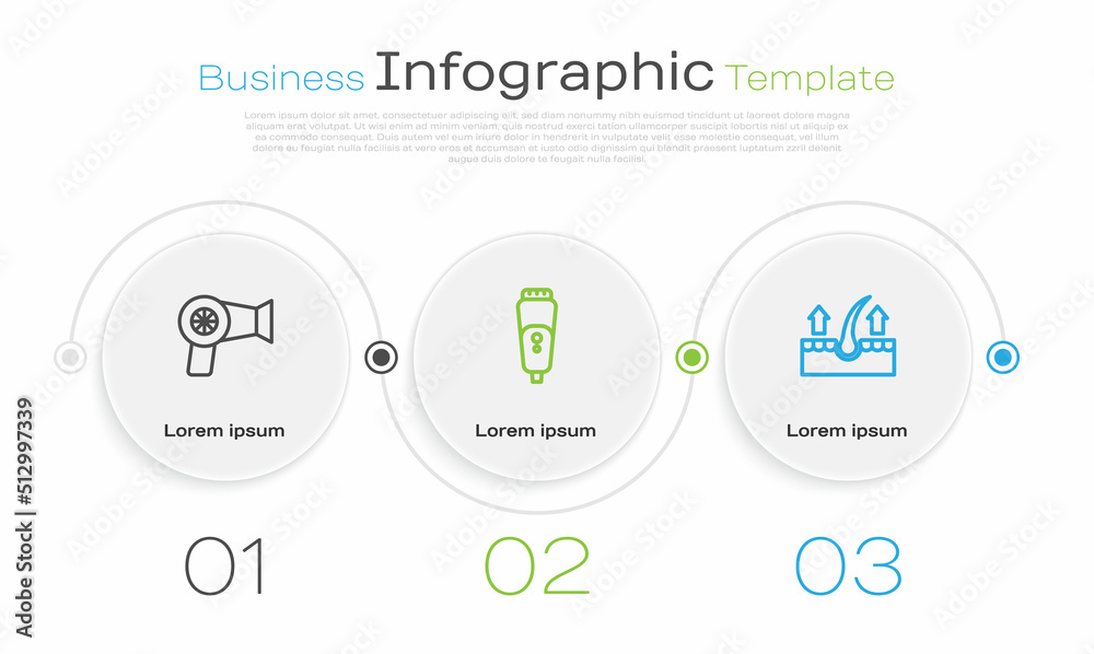 Set line Hair dryer, Electric razor blade and Human hair follicle. Business infographic template. Vector Set line Hair dryer, Electric razor blade and Human hair follicle. Business infographic template. Vector