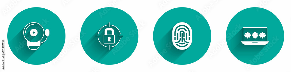Set Ringing alarm bell, Lock, Fingerprint and Laptop with password icon with long shadow. Vector Set Ringing alarm bell, Lock, Fingerprint and Laptop with password icon with long shadow. Vector