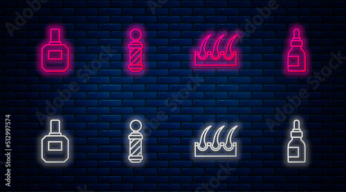 Set line Classic Barber shop pole, Human hair follicle, Aftershave and Oil bottle. Glowing neon icon on brick wall. Vector