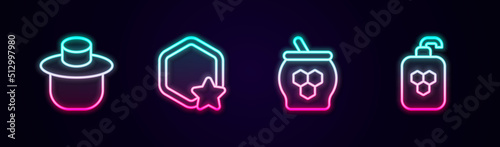 Set line Beekeeper with protect hat, Honeycomb, Jar of honey and dipper stick and Cosmetic tube. Glowing neon icon. Vector