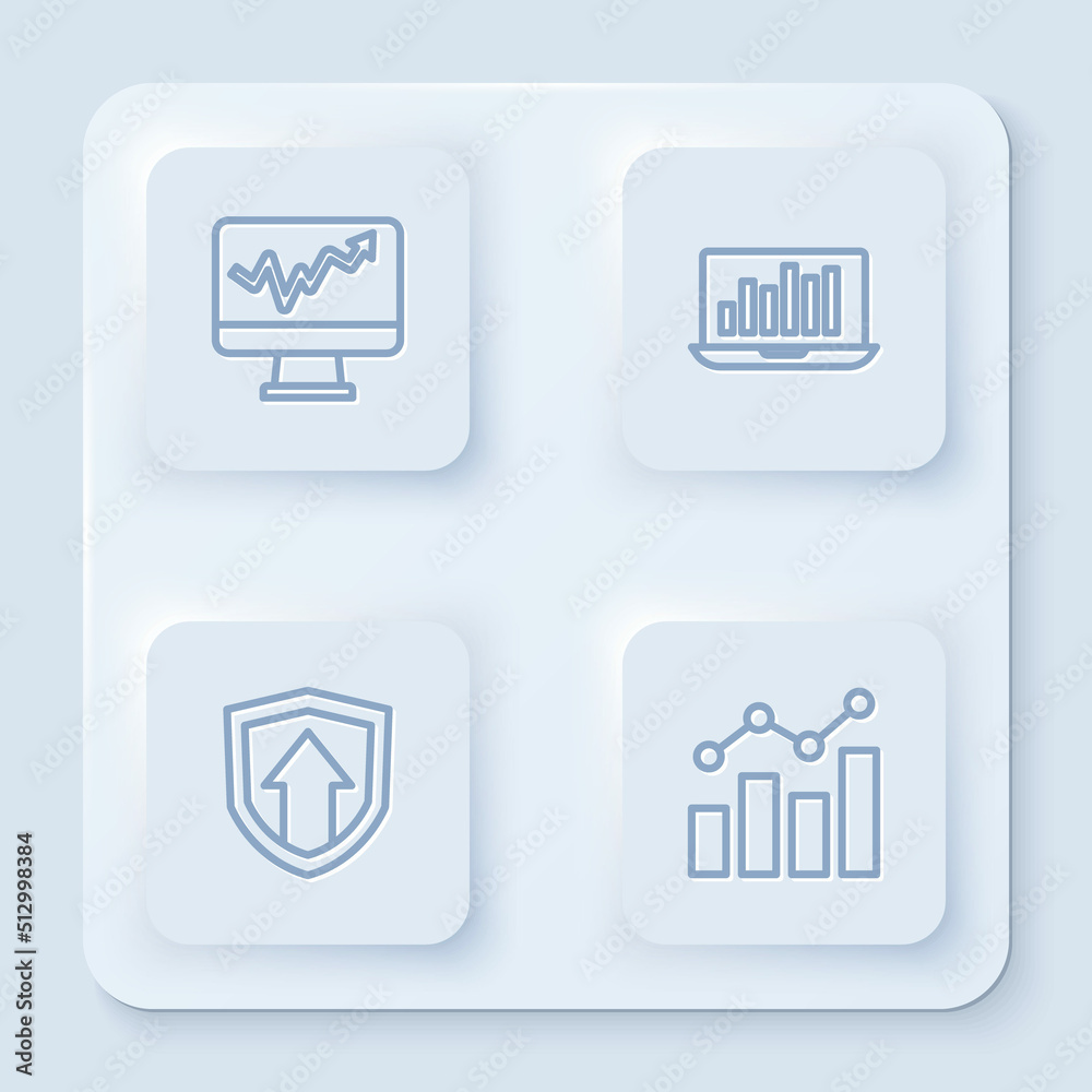 Set line Monitor with graph chart, Laptop, Financial growth and . White square button. Vector Set line Monitor with graph chart, Laptop, Financial growth and . White square button. Vector