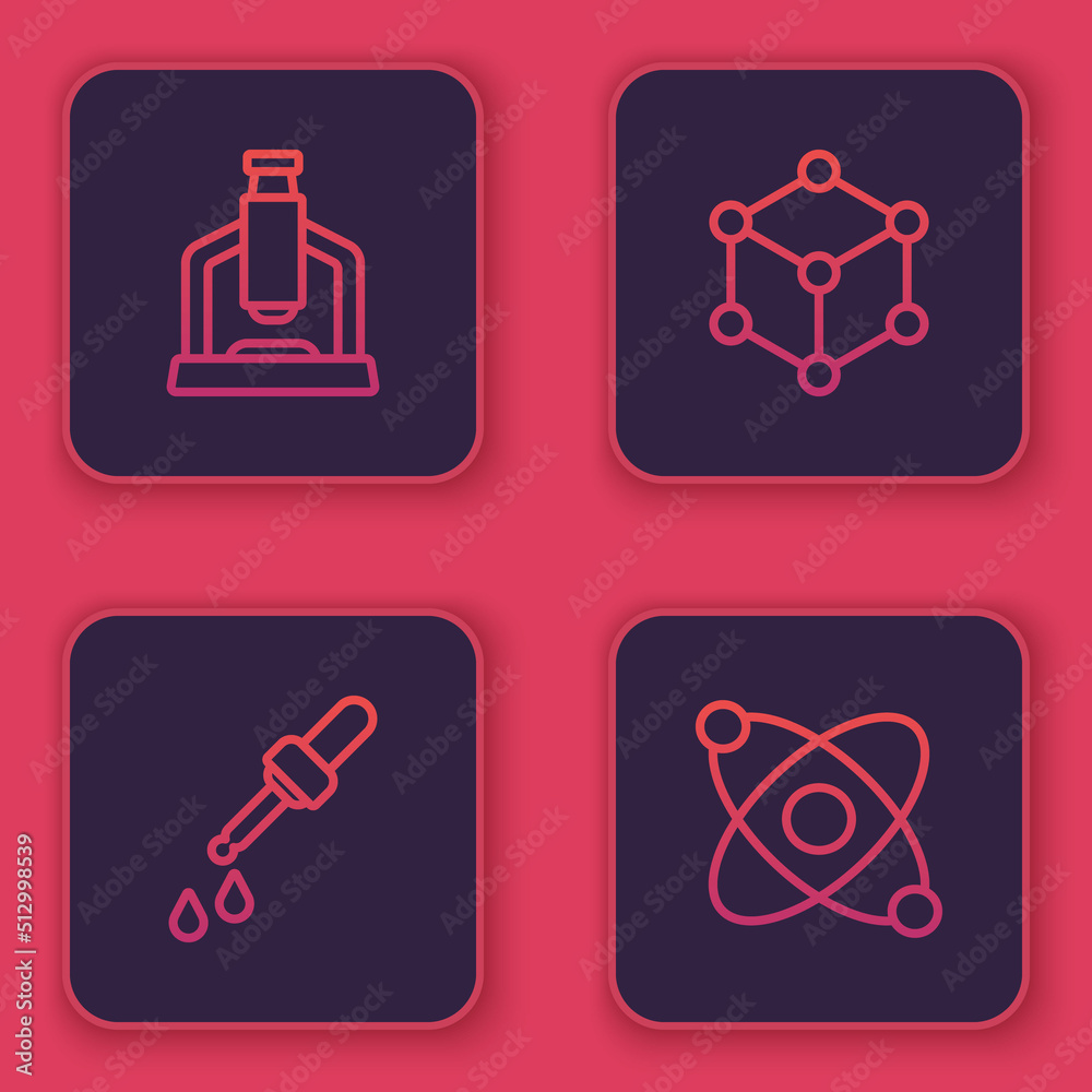 Set line Microscope, Pipette, Molecule and Atom. Blue square button. Vector Set line Microscope, Pipette, Molecule and Atom. Blue square button. Vector