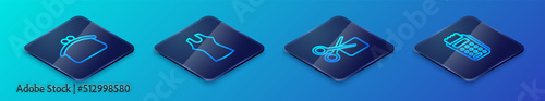 Set Isometric line Scissors cuts discount coupon, Wallet, POS terminal and Woman dress icon. Vector