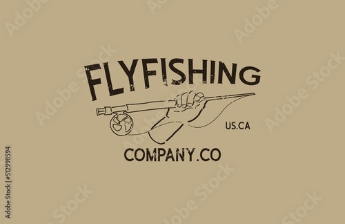 illustration of hand holding fly fishing rod distress vintage style