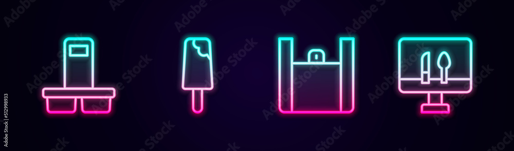 Set line Coffee cup to go, Ice cream, Online ordering food and . Glowing neon icon. Vector Set line Coffee cup to go, Ice cream, Online ordering food and . Glowing neon icon. Vector