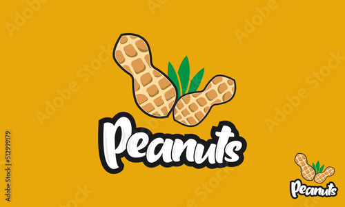Peanuts Logo Design Template. Peanuts plant and kernels of nuts with leaves, logo template. Dried peeled and unpeeled peanut nut, fruit with leaf, vector design. Nut nutrition, natural, organic.