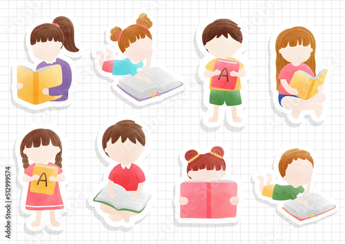 watercolor children day, Children study sticker sheet and scrapbook