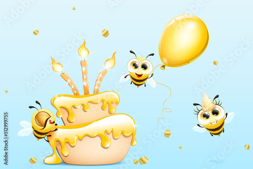 Bee cartoon funny characters birthday with cake, balloon, cap and confetti. Birthday card