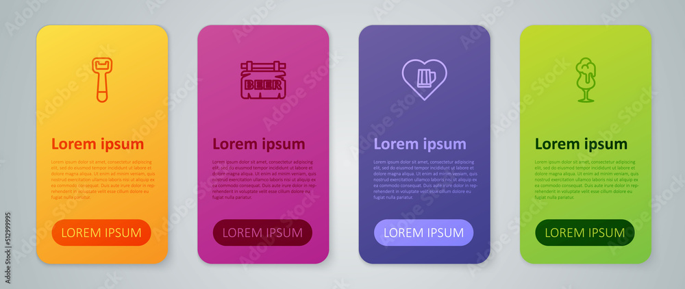 Set line Heart with glass of beer, Glass, Bottle opener and Street signboard Beer. Business infographic template. Vector Set line Heart with glass of beer, Glass, Bottle opener and Street signboard Beer. Business infographic template. Vector