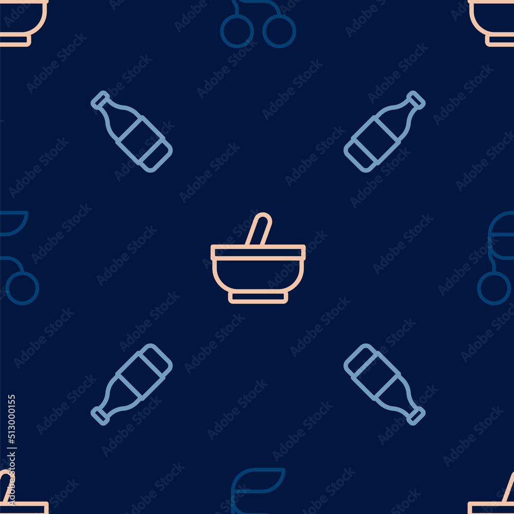 Set line Fresh berries, Bottle of wine and Mortar and pestle on seamless pattern. Vector Set line Fresh berries, Bottle of wine and Mortar and pestle on seamless pattern. Vector