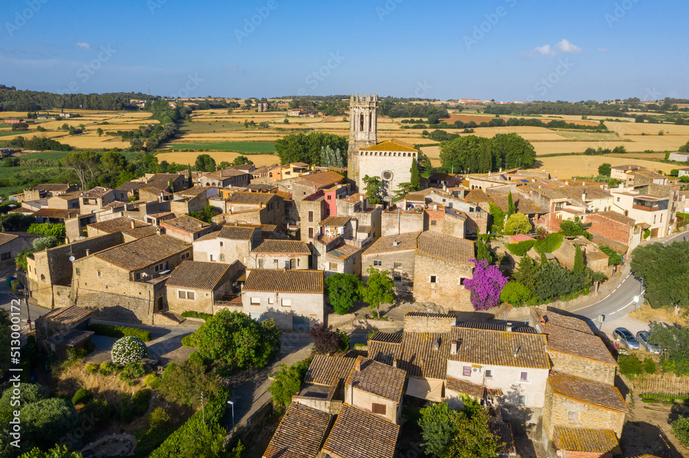 Fototapeta premium La Pera is a municipality in Catalonia, north-eastern Spain. It includes the village of Púbol. Aerial drone photo. Top view from above