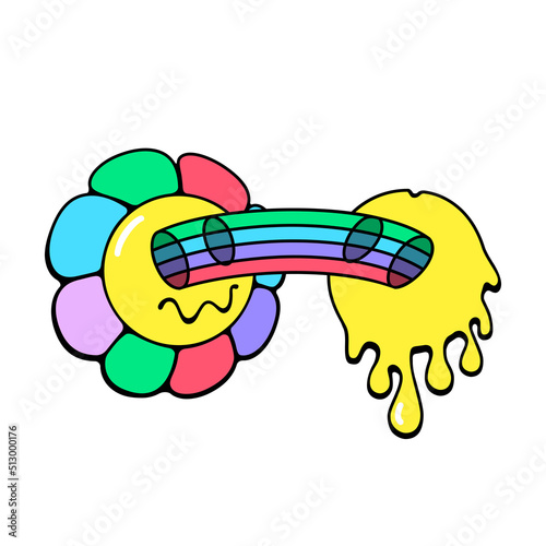 Flower and smiley with rainbow from the eyes. Vector cartoon illustration in 60s, 70s psychedelic hippie groovy style. Print for t-shirt, sticker, street wear.