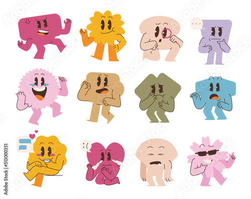 Line Art chunky Hippie Retro hippie stickers, psychedelic groovy set bundle elements. Cute vintage icons Sticker Label in 70s, 80s, 90s style. Flat illustration, emoticon emoji design templates.