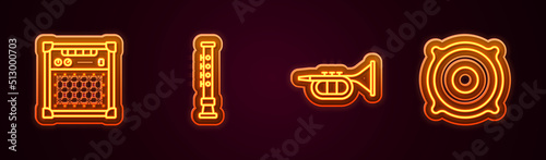 Set line Guitar amplifier, Flute, Trumpet and Stereo speaker. Glowing neon icon. Vector