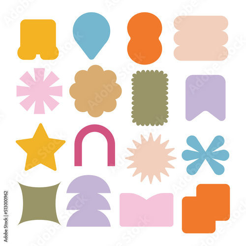 Line Art chunky Hippie Retro hippie Abstract shape stickers, psychedelic groovy set bundle elements. Cute vintage icons Sticker Label in 70s, 80s, 90s style. Flat illustration, design templates.