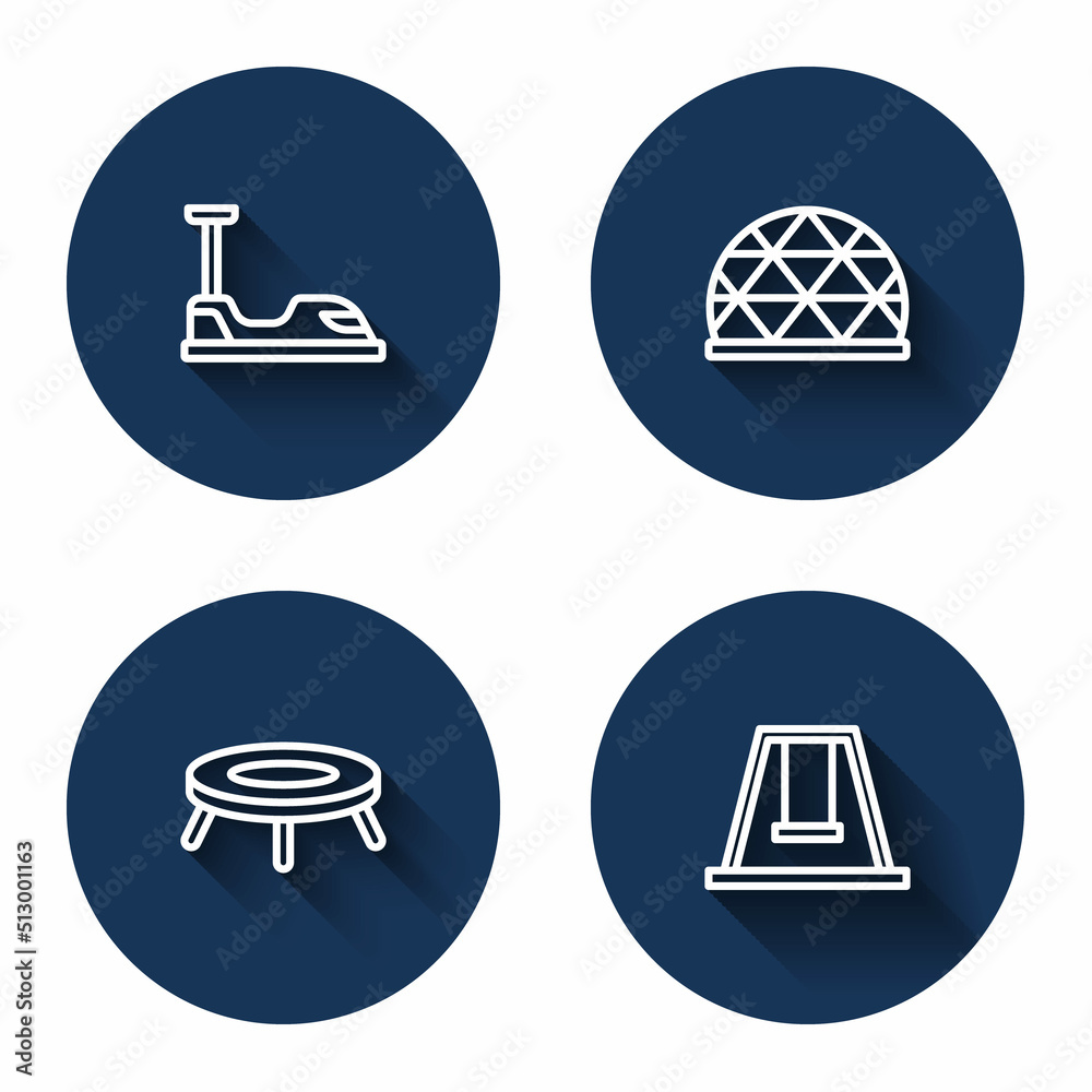 Set line Bumper car, Playground climbing equipment, Jumping trampoline and Swing for kids with long shadow. Blue circle button. Vector Set line Bumper car, Playground climbing equipment, Jumping trampoline and Swing for kids with long shadow. Blue circle button. Vector