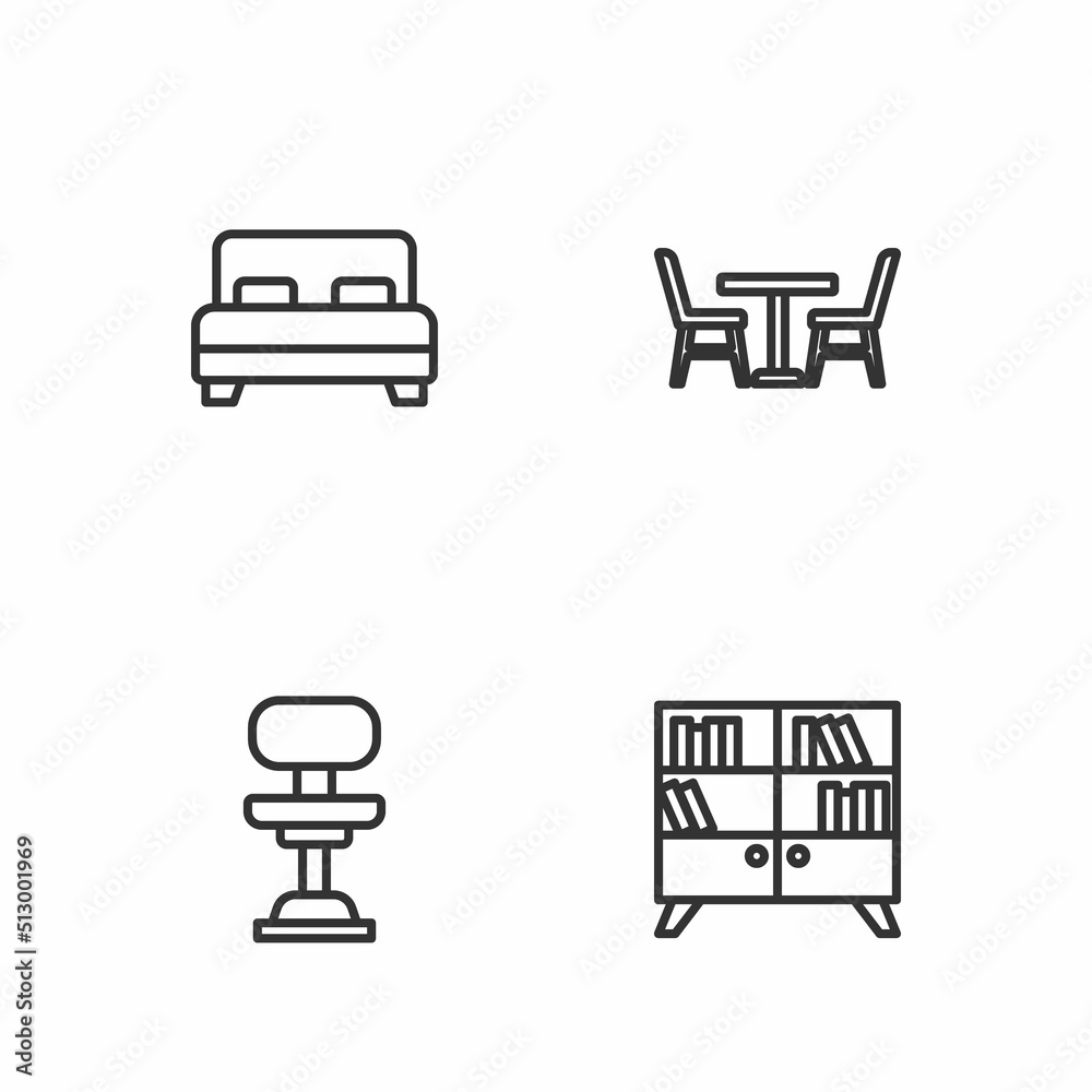 Set line Library bookshelf, Office chair, Big bed and Table with icon. Vector Set line Library bookshelf, Office chair, Big bed and Table with icon. Vector