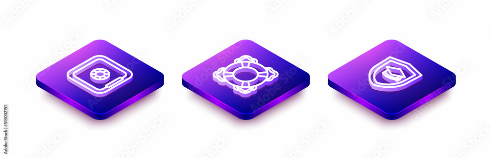 Set Isometric line Safe, Lifebuoy and Graduation cap with shield icon. Vector Set Isometric line Safe, Lifebuoy and Graduation cap with shield icon. Vector