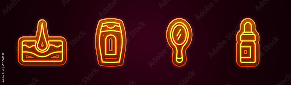 Set line Human hair follicle, Bottle of shampoo, Hand mirror and Essential oil bottle. Glowing neon icon. Vector Set line Human hair follicle, Bottle of shampoo, Hand mirror and Essential oil bottle. Glowing neon icon. Vector