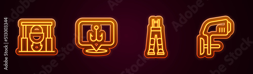 Set line Campfire and pot, Fishing hook, Fisherman pants and Outboard boat motor. Glowing neon icon. Vector
