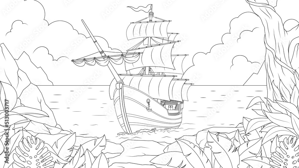 Fototapeta premium Vector graphics, a three-masted ship sails along the coastline