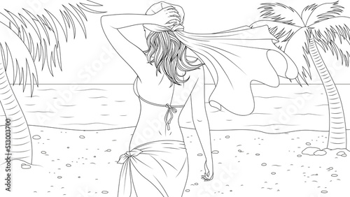 Vector illustration  a slender girl walks on the beach