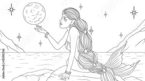 Vector illustration, a beautiful mermaid at night admires the moon on the shore
