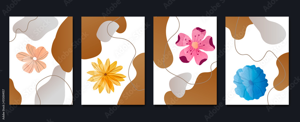 Set of abstract floral wall art vector. Leaves, flower, garden, leaf branch, wildflowers in watercolor texture. Blossom flowers wall decoration collection design for interior, poster, cover, banner.