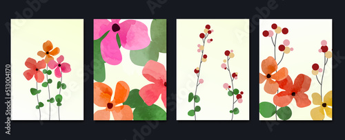Set of abstract floral wall art vector. Leaves, flower, garden, leaf branch, wildflowers in watercolor texture. Blossom flowers wall decoration collection design for interior, poster, cover, banner.