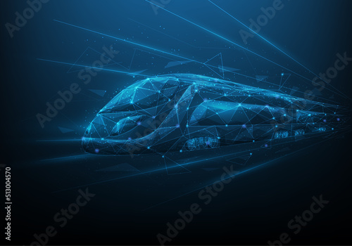 train transport technology low poly wireframe. isolated on blue dark background. high speed train in the future. vector illustration digital design. transportation and logistics digital.