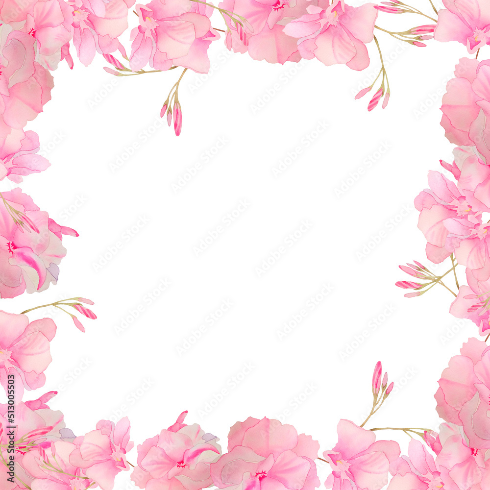 Delicate pink oleander flowers postcard. Hand drawn watercolor template for invitations and congratulations. Tropical wedding design.