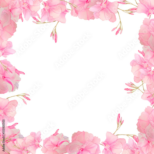 Delicate pink oleander flowers postcard. Hand drawn watercolor template for invitations and congratulations. Tropical wedding design. © Olga Shulgina