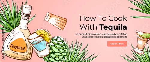 Tequila advertising horizontal internet banner landing page template engraved vector illustration