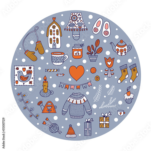 Winter tea party. Scandinavian hygge greeting card with warm, cozy winter elements. Gifts and plants, knitted sweater, hat, scarf, socks.