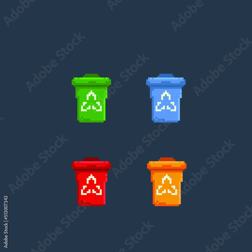 recycle trash bin set with different color in pixel art style