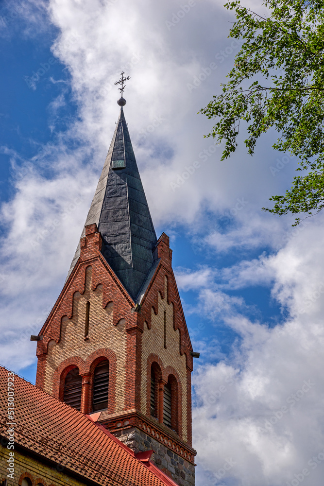 Architectural details of the Catholic Church of Our Lady of the Rosary built in 1895 in the neo-Gothic style in Bajtkowo in Masuria, Poland.