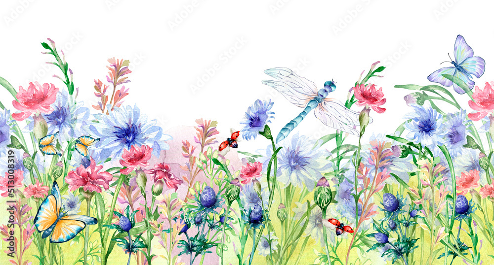 Meadow colorful flowers board with insects watercolor illustration isolated.