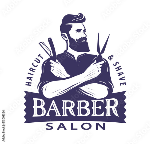 Barber salon, barbershop logo vintage. Men haircut and shave emblem, label, badge. Vector illustration
