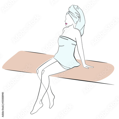 Woman with a towel on her head after a shower or during a spa procedure line art on white isolated background, sits on a bench in a sauna or hammam. Vector illustration