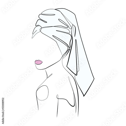 Woman with towel on her head one line drawing on white isolated 