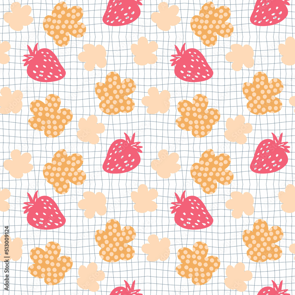Strawberries and spotted flowers seamless pattern in 1970s style. Hippie aesthetic print for fabric, paper, T-shirt. Groovy grid distorted background for decor and design. Strawberries and spotted flowers seamless pattern in 1970s style. Hippie aesthetic print for fabric, paper, T-shirt. Groovy grid distorted background for decor and design.
