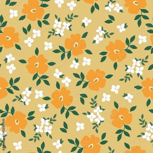 Simple vintage pattern. White and yellow flowers. beige background. Fashionable print for textiles and wallpaper.