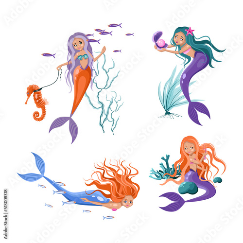 Set of illustrations of cute mermaids.